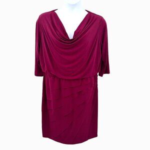 NWT LONDON TIMES WOMAN MAROON RUFFLE FRONT COWL NECK DRESS - 16W